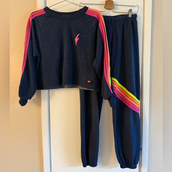 Aviator Nation Tops - Aviator Nation 5 Stripe Neon Bolt Cropped Sweatshirt and Sweatpants